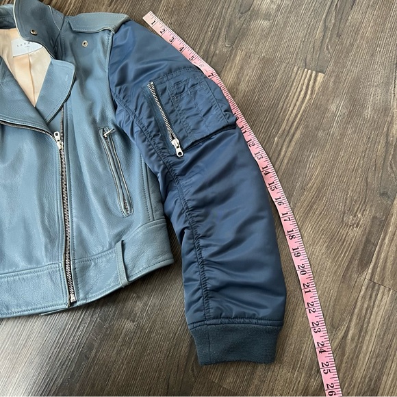 Sandro Blue Goat Leather Coat Biker Moto Bomber Jacket with Pleated Sleeves - Picture 15 of 16